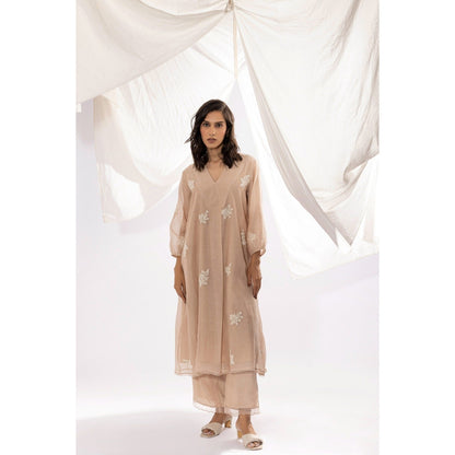 PANTS AND PAJAMAS Ivory Printed Chanderi Mull Kurta with Pant & Dupatta (Set of 3)