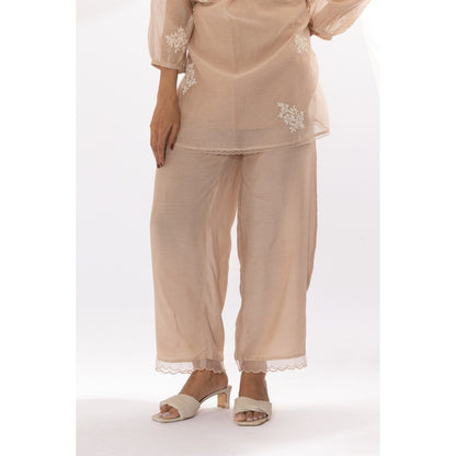 PANTS AND PAJAMAS Ivory Printed Chanderi Mull Kurta with Pant & Dupatta (Set of 3)