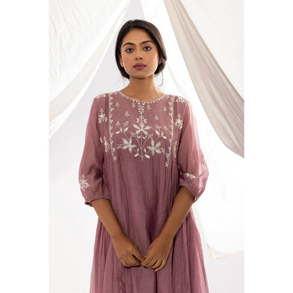 PANTS AND PAJAMAS Lilac Printed Chanderi Mull Kurta with Pant & Dupatta (Set of 3)