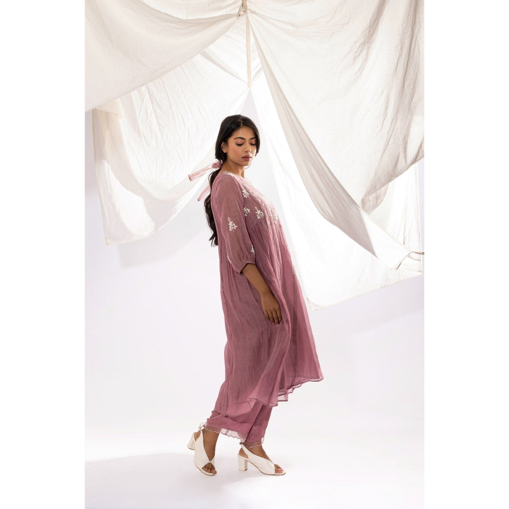PANTS AND PAJAMAS Lilac Printed Chanderi Mull Kurta with Pant & Dupatta (Set of 3)