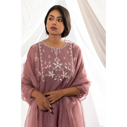 PANTS AND PAJAMAS Lilac Printed Chanderi Mull Kurta with Pant & Dupatta (Set of 3)