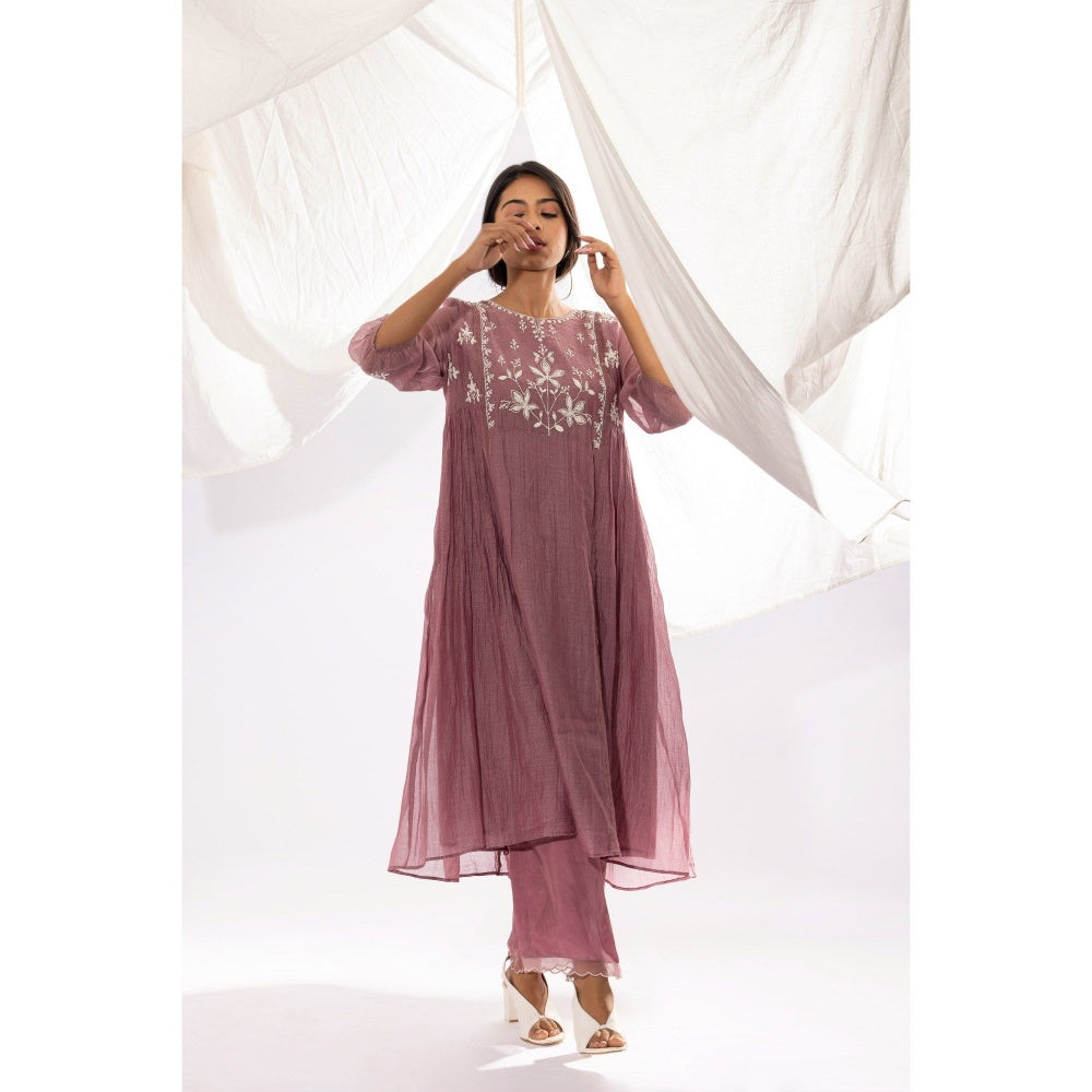 PANTS AND PAJAMAS Lilac Printed Chanderi Mull Kurta with Pant (Set of 2)