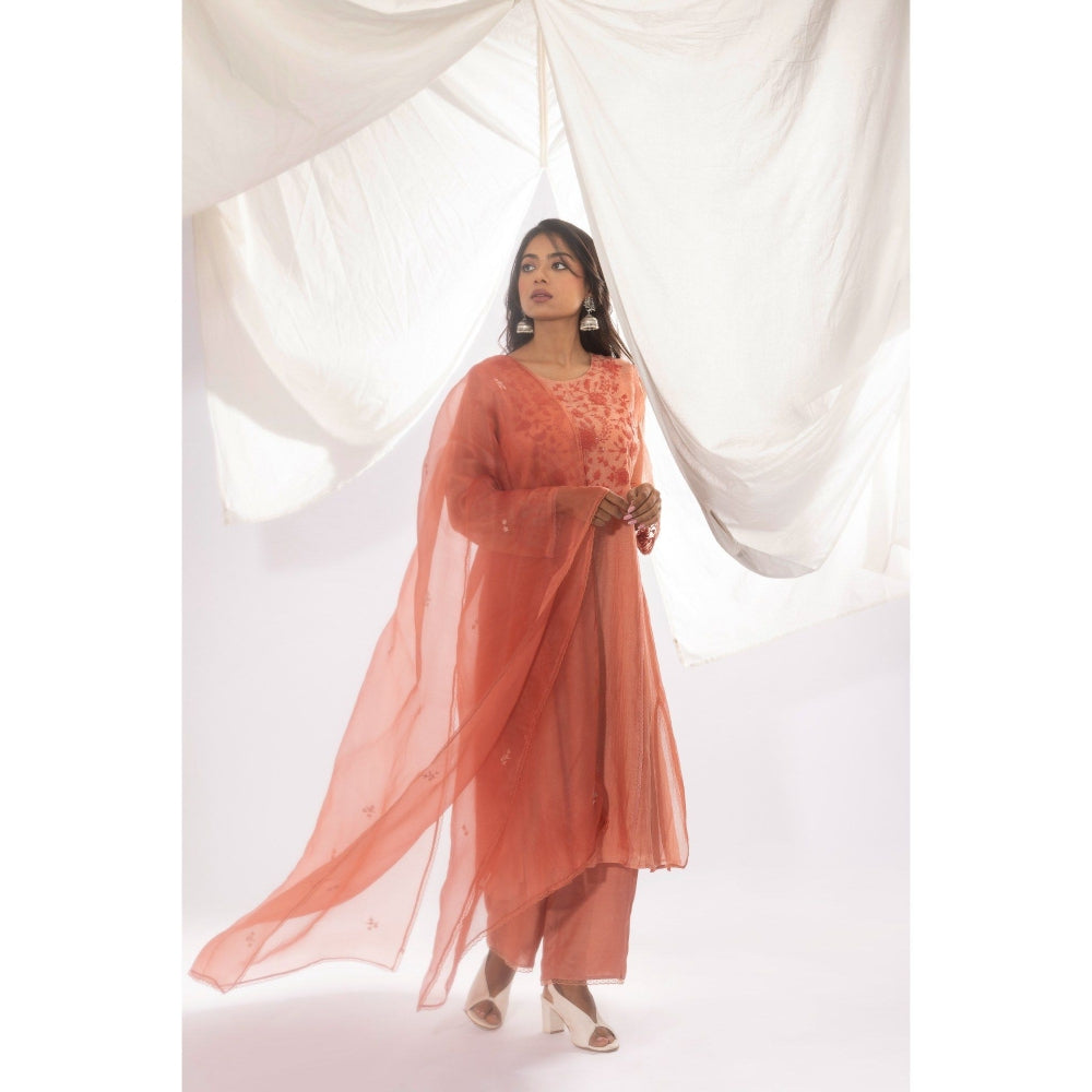 PANTS AND PAJAMAS Peach Printed Chanderi Mull Kurta, Inner with Pant & Dupatta (Set of 4)