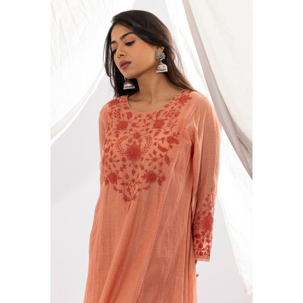PANTS AND PAJAMAS Peach Printed Chanderi Mull Kurta with Pant & Dupatta (Set of 3)