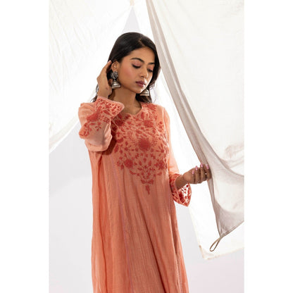 PANTS AND PAJAMAS Peach Printed Chanderi Mull Kurta with Pant & Dupatta (Set of 3)