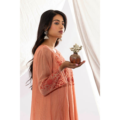 PANTS AND PAJAMAS Peach Printed Chanderi Mull Kurta with Pant & Dupatta (Set of 3)