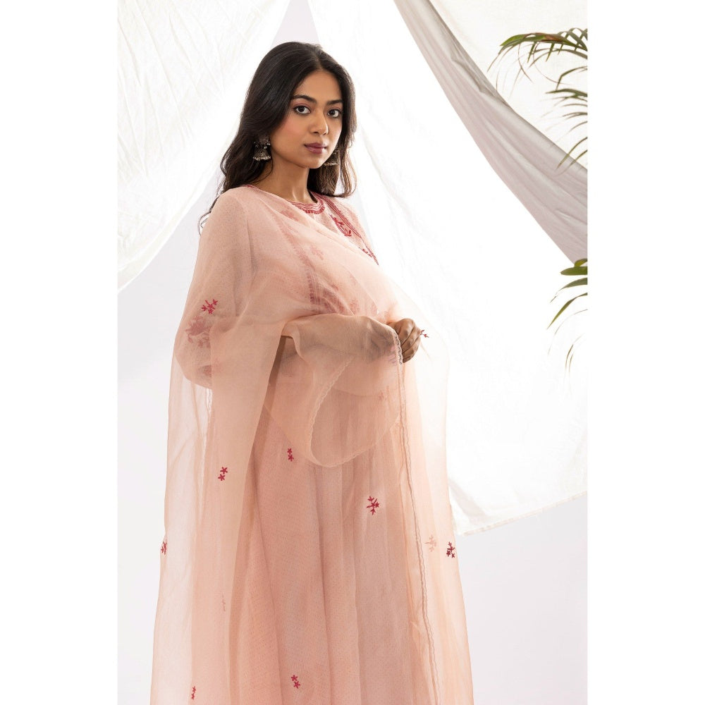 PANTS AND PAJAMAS Pink Printed Chanderi Mull Kurta with Pant & Dupatta (Set of 3)