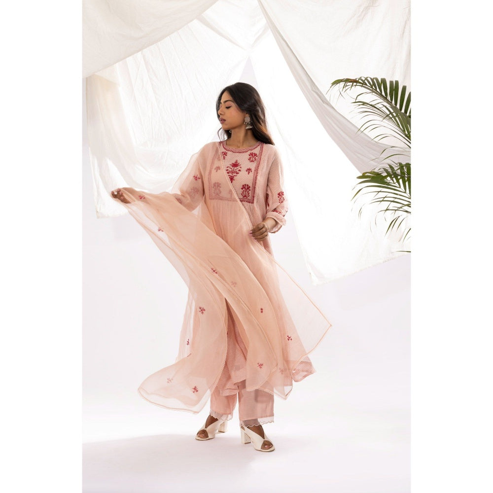 PANTS AND PAJAMAS Pink Printed Chanderi Mull Kurta with Pant & Dupatta (Set of 3)