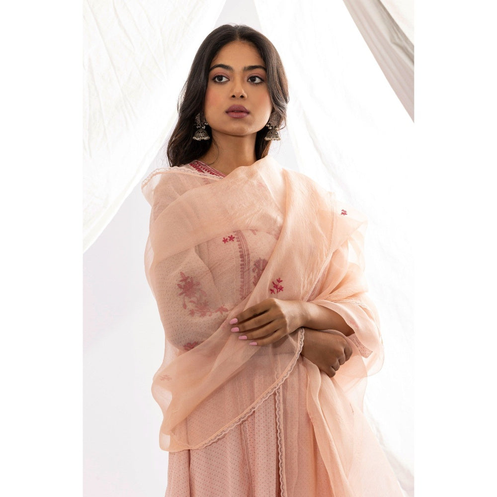 PANTS AND PAJAMAS Pink Printed Chanderi Mull Kurta with Pant & Dupatta (Set of 3)