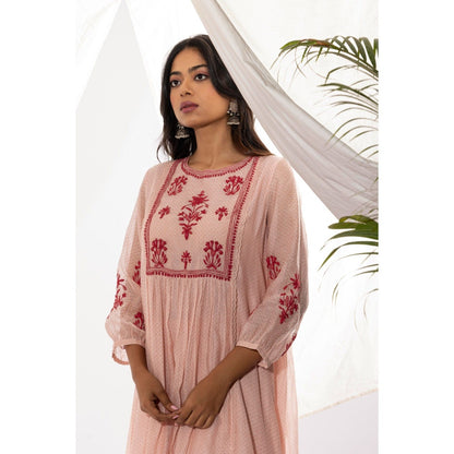 PANTS AND PAJAMAS Pink Printed Chanderi Mull Kurta with Pant & Dupatta (Set of 3)