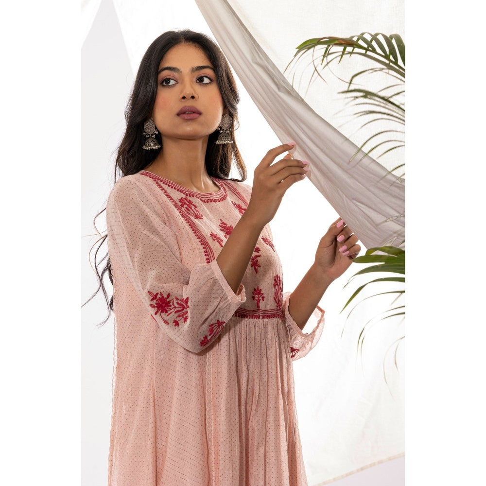 PANTS AND PAJAMAS Pink Printed Chanderi Mull Kurta with Pant & Dupatta (Set of 3)