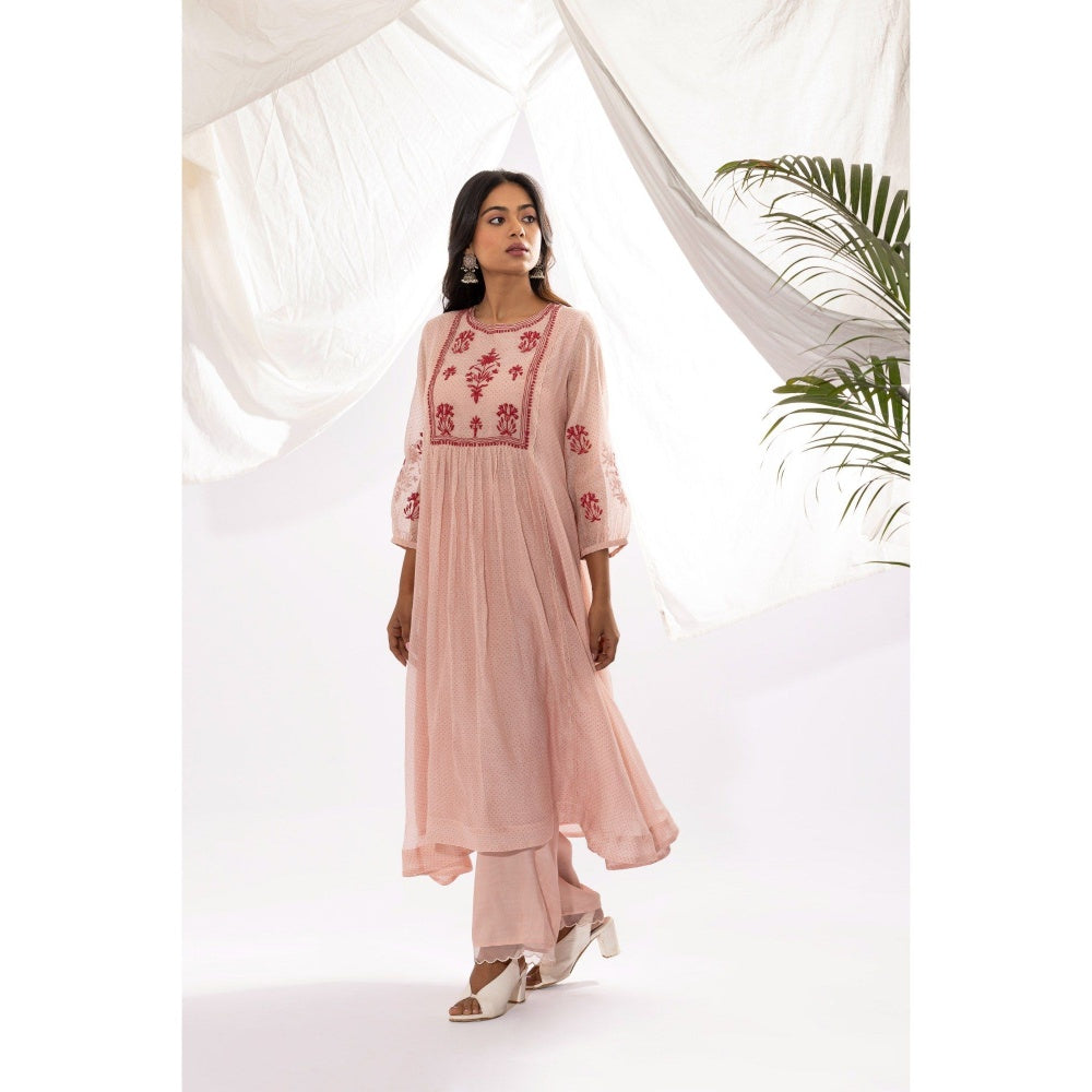 PANTS AND PAJAMAS Pink Printed Chanderi Mull Kurta with Pant (Set of 2)