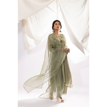 PANTS AND PAJAMAS Sage Chanderi Mull Kurta with Pant & Printed Dupatta (Set of 3)