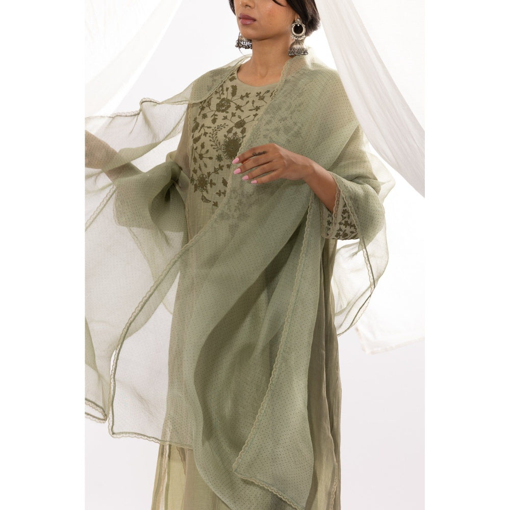 PANTS AND PAJAMAS Sage Chanderi Mull Kurta with Pant & Printed Dupatta (Set of 3)