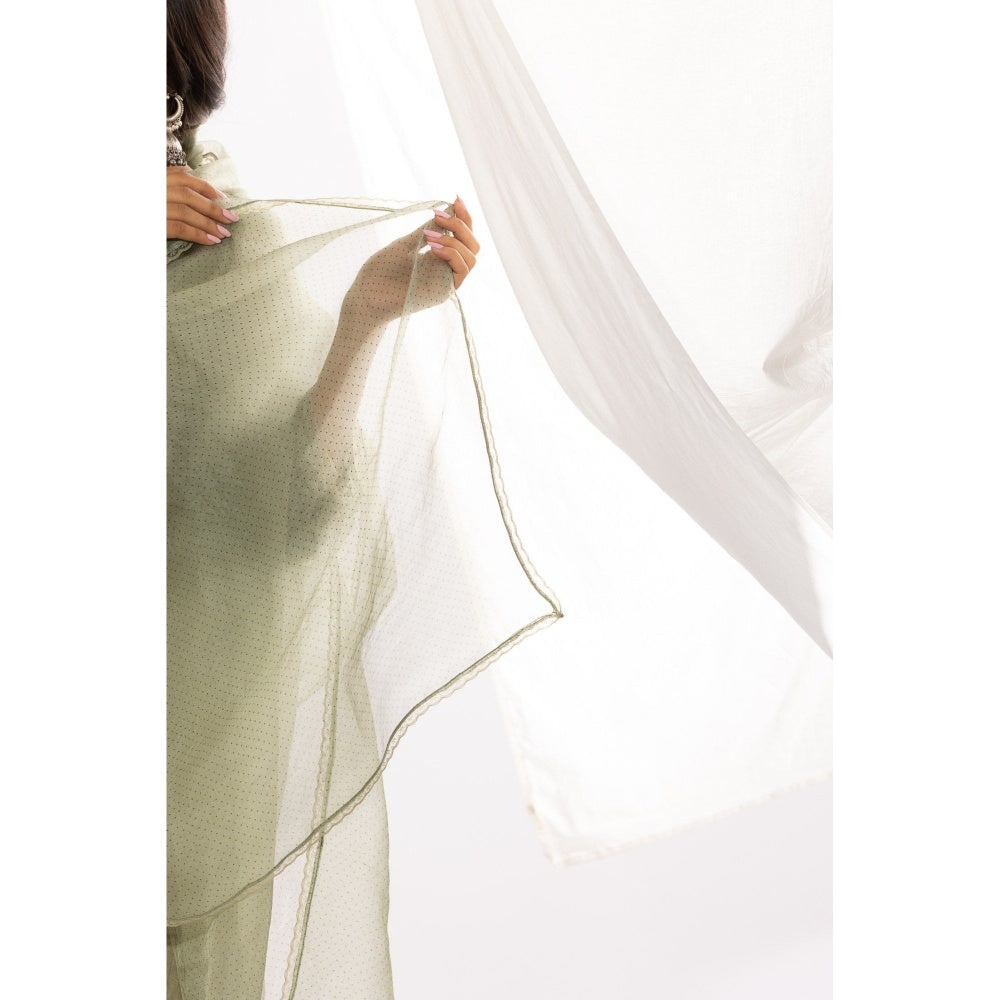 PANTS AND PAJAMAS Sage Chanderi Mull Kurta with Pant & Printed Dupatta (Set of 3)