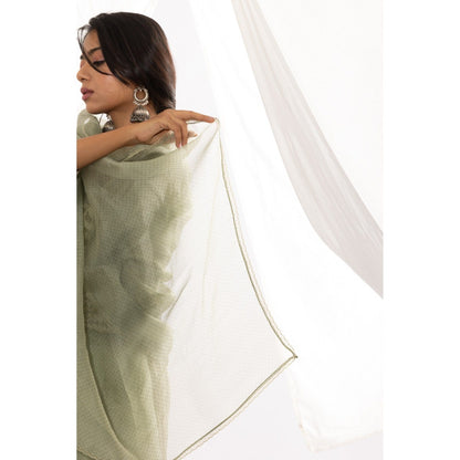 PANTS AND PAJAMAS Sage Chanderi Mull Kurta with Pant & Printed Dupatta (Set of 3)