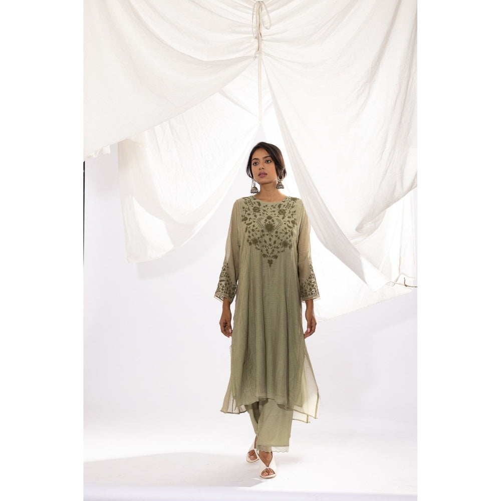PANTS AND PAJAMAS Sage Chanderi Mull Kurta with Pant (Set of 2)