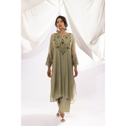 PANTS AND PAJAMAS Sage Chanderi Mull Kurta with Pant (Set of 2)
