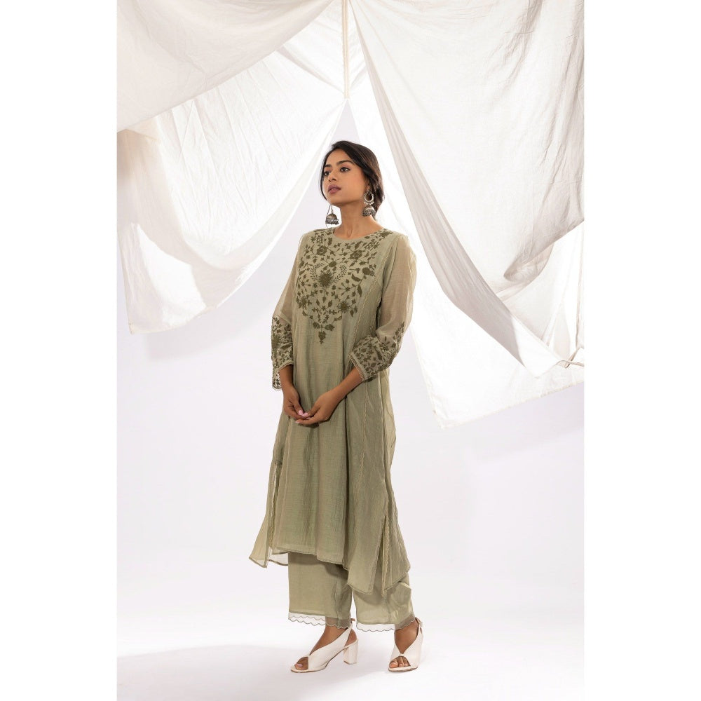 PANTS AND PAJAMAS Sage Chanderi Mull Kurta with Pant (Set of 2)