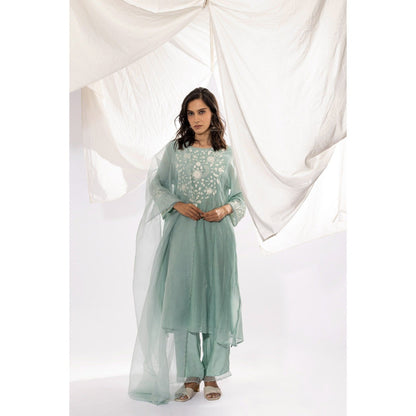 PANTS AND PAJAMAS Aqua Chanderi Mull Kurta, Inner with Pant & Dupatta (Set of 4)