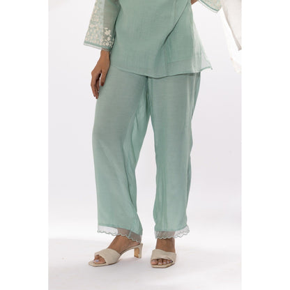 PANTS AND PAJAMAS Aqua Chanderi Mull Kurta, Inner with Pant & Dupatta (Set of 4)