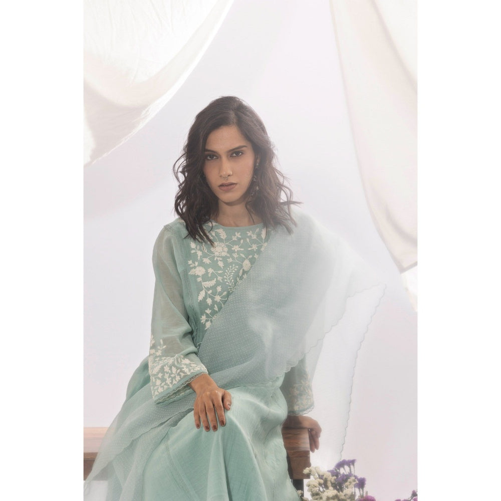 PANTS AND PAJAMAS Aqua Chanderi Mull Kurta, Inner with Pant & Dupatta (Set of 4)