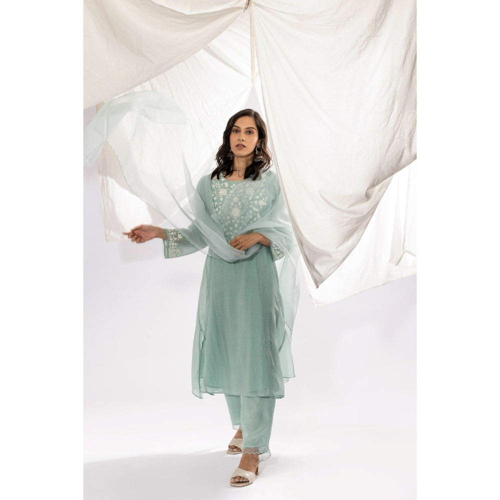 PANTS AND PAJAMAS Aqua Chanderi Mull Kurta, Inner with Pant & Dupatta (Set of 4)
