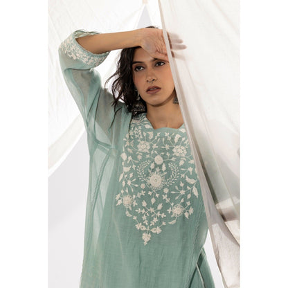 PANTS AND PAJAMAS Aqua Chanderi Mull Kurta with Pant & Dupatta (Set of 3)