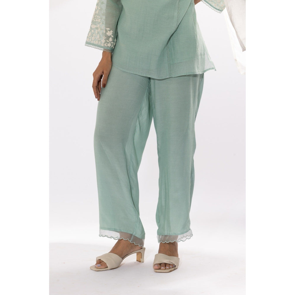 PANTS AND PAJAMAS Aqua Chanderi Mull Kurta with Pant & Dupatta (Set of 3)