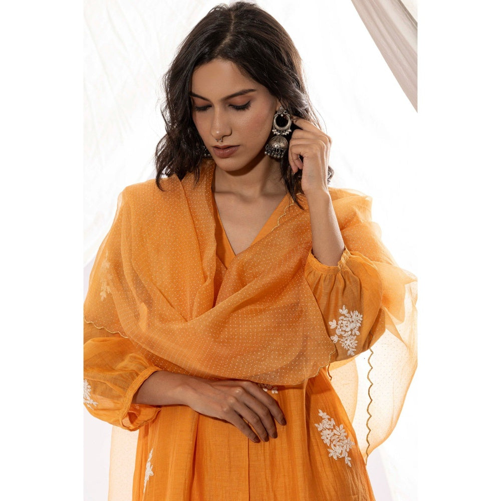 PANTS AND PAJAMAS Orange Chanderi Mull Kurta with Pant & Dupatta (Set of 3)