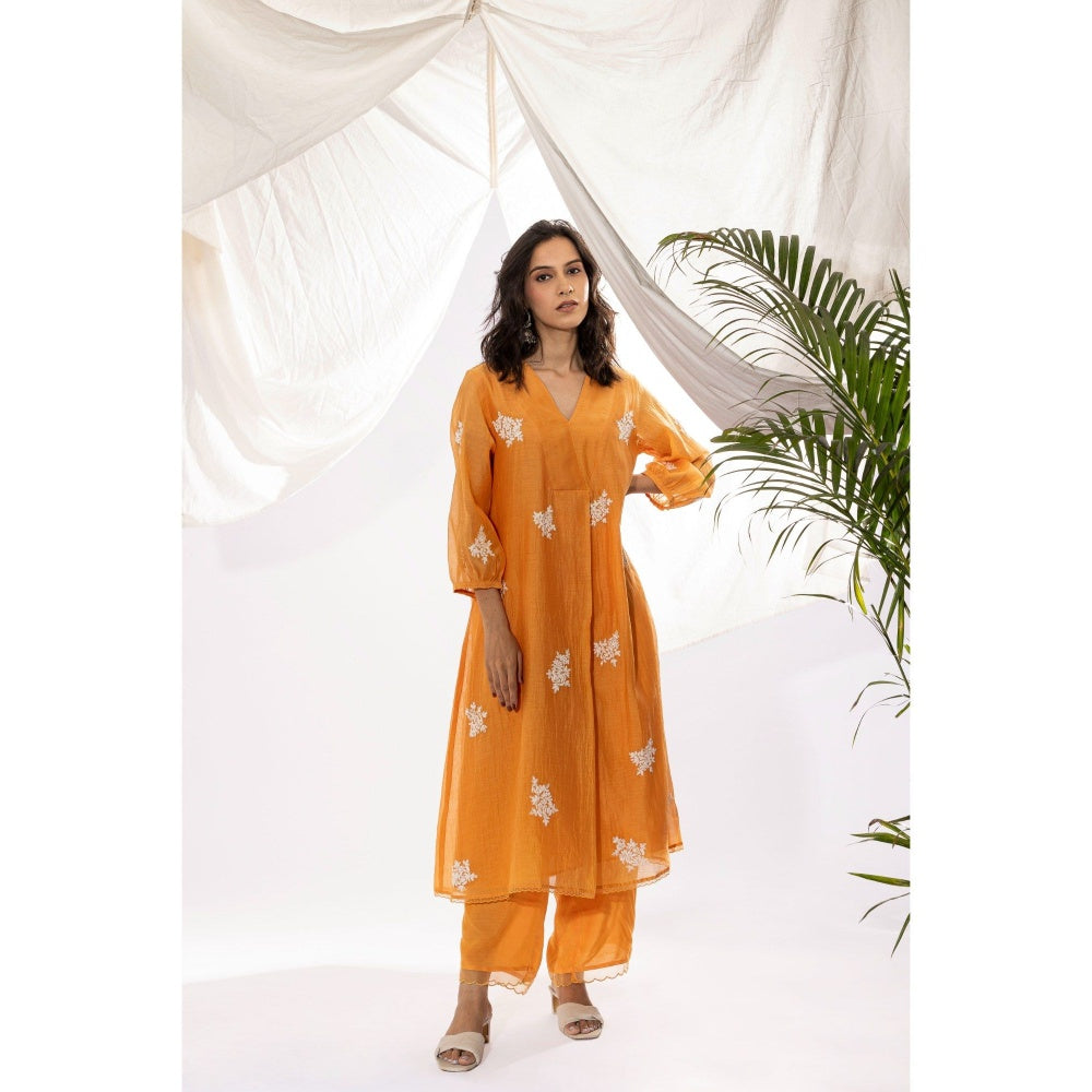 PANTS AND PAJAMAS Orange Chanderi Mull Kurta with Pant & Dupatta (Set of 3)