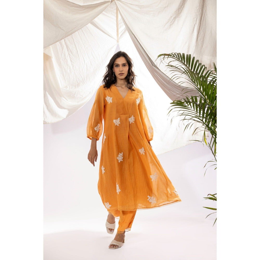 PANTS AND PAJAMAS Orange Chanderi Mull Kurta with Pant & Dupatta (Set of 3)