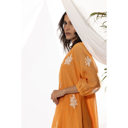 PANTS AND PAJAMAS Orange Chanderi Mull Kurta with Pant (Set of 2)