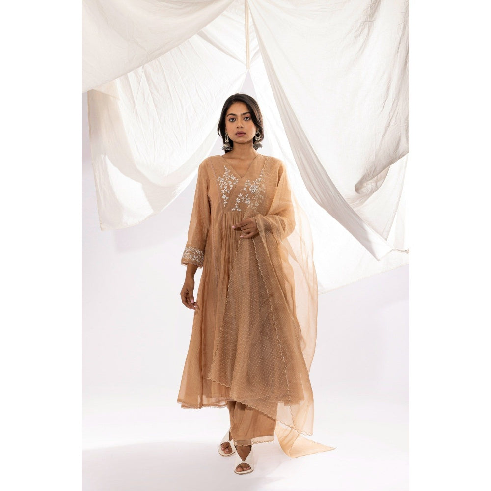 PANTS AND PAJAMAS Beige Chanderi Mull Kurta with Pant & Printed Dupatta (Set of 3)