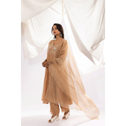 PANTS AND PAJAMAS Beige Chanderi Mull Kurta with Pant & Printed Dupatta (Set of 3)