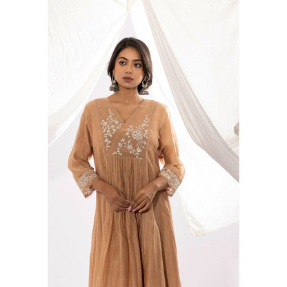 PANTS AND PAJAMAS Beige Chanderi Mull Kurta with Pant (Set of 2)