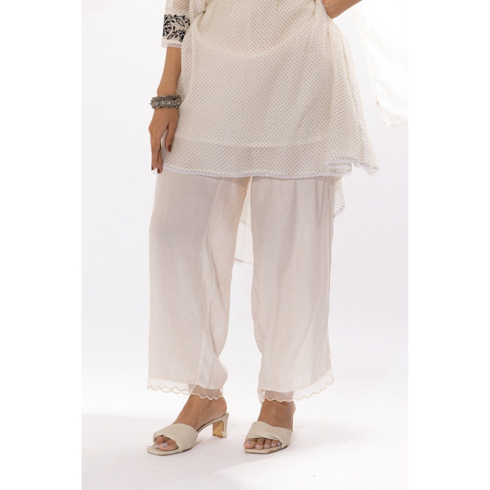 PANTS AND PAJAMAS White Printed Chanderi Mull Chikan Kurta with Pant & Dupatta (Set of 3)
