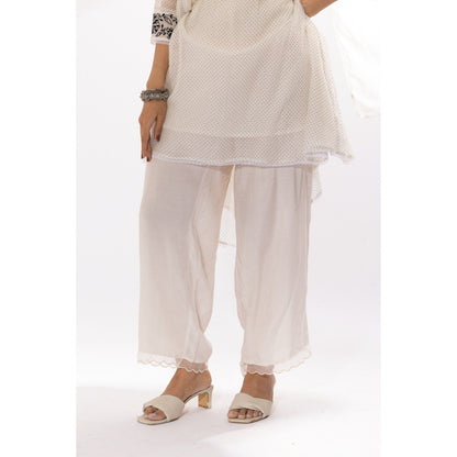 PANTS AND PAJAMAS White Printed Chanderi Mull Chikan Kurta with Pant & Dupatta (Set of 3)