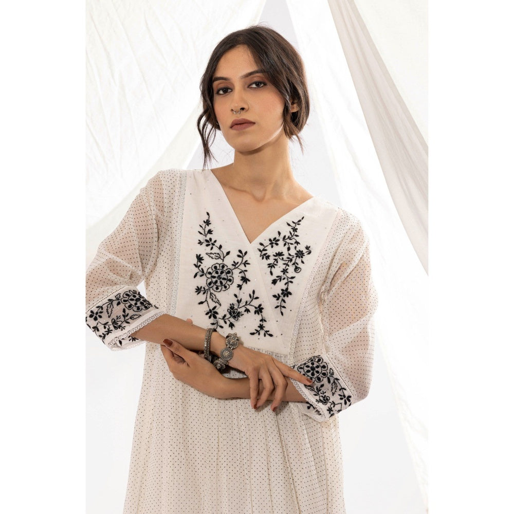 PANTS AND PAJAMAS White Printed Chanderi Mull Chikan Kurta with Pant & Dupatta (Set of 3)