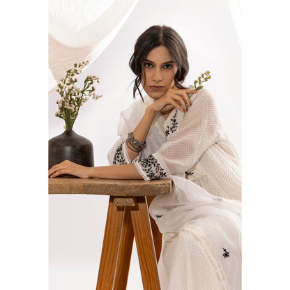 PANTS AND PAJAMAS White Printed Chanderi Mull Chikan Kurta with Pant & Dupatta (Set of 3)