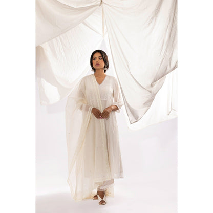 PANTS AND PAJAMAS White Chanderi Mull Chikan Kurta with Pant & Dupatta (Set of 3)