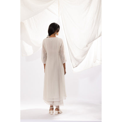 PANTS AND PAJAMAS White Chanderi Mull Chikan Kurta with Pant & Dupatta (Set of 3)