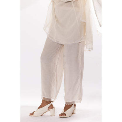 PANTS AND PAJAMAS White Chanderi Mull Chikan Kurta with Pant & Dupatta (Set of 3)