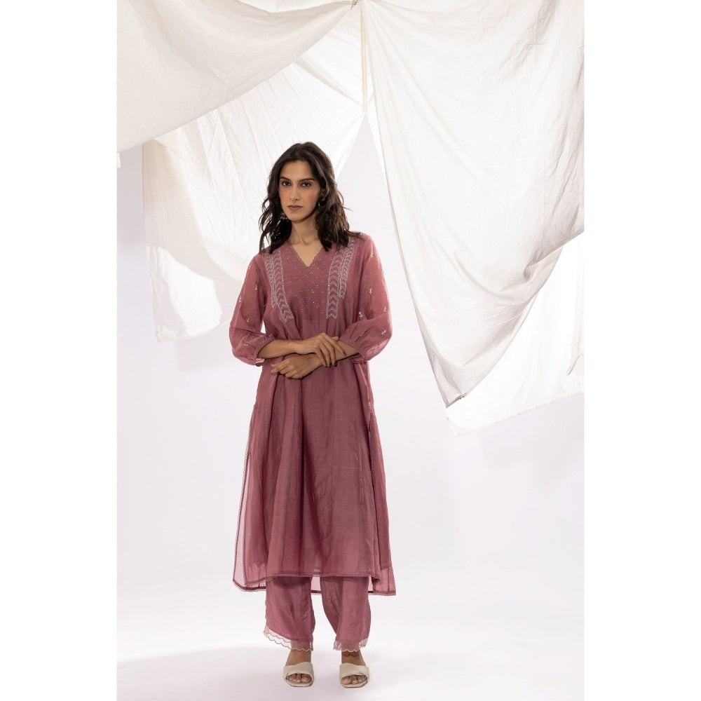 PANTS AND PAJAMAS Mauve Chanderi Mull Chikan Kurta with Pant & Dupatta (Set of 3)