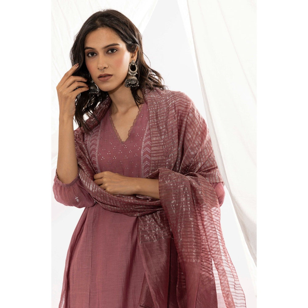 PANTS AND PAJAMAS Mauve Chanderi Mull Chikan Kurta with Pant & Dupatta (Set of 3)