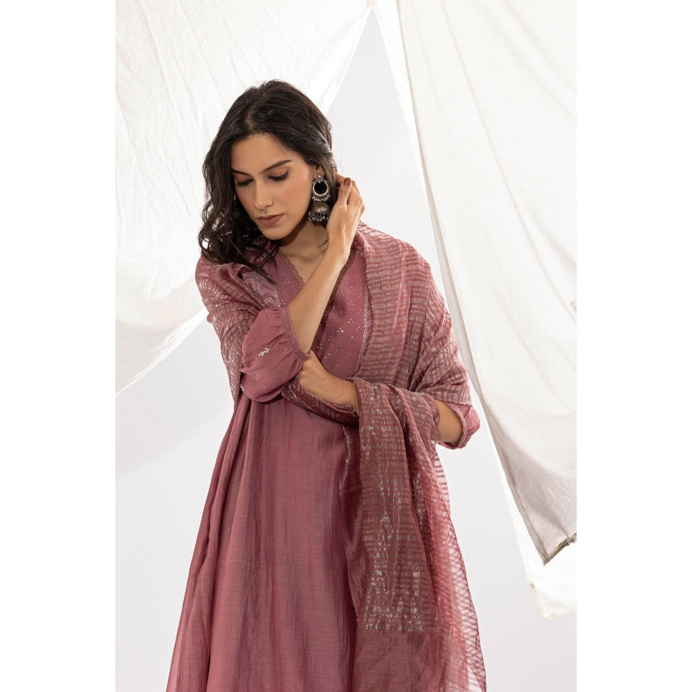 PANTS AND PAJAMAS Mauve Chanderi Mull Chikan Kurta with Pant & Dupatta (Set of 3)