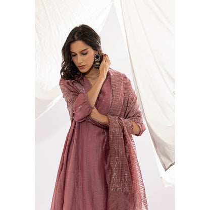 PANTS AND PAJAMAS Mauve Chanderi Mull Chikan Kurta with Pant & Dupatta (Set of 3)