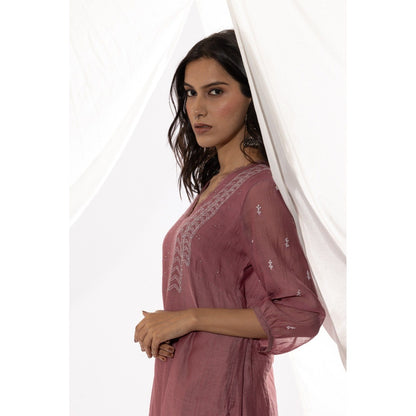PANTS AND PAJAMAS Mauve Chanderi Mull Chikan Kurta with Pant (Set of 2)