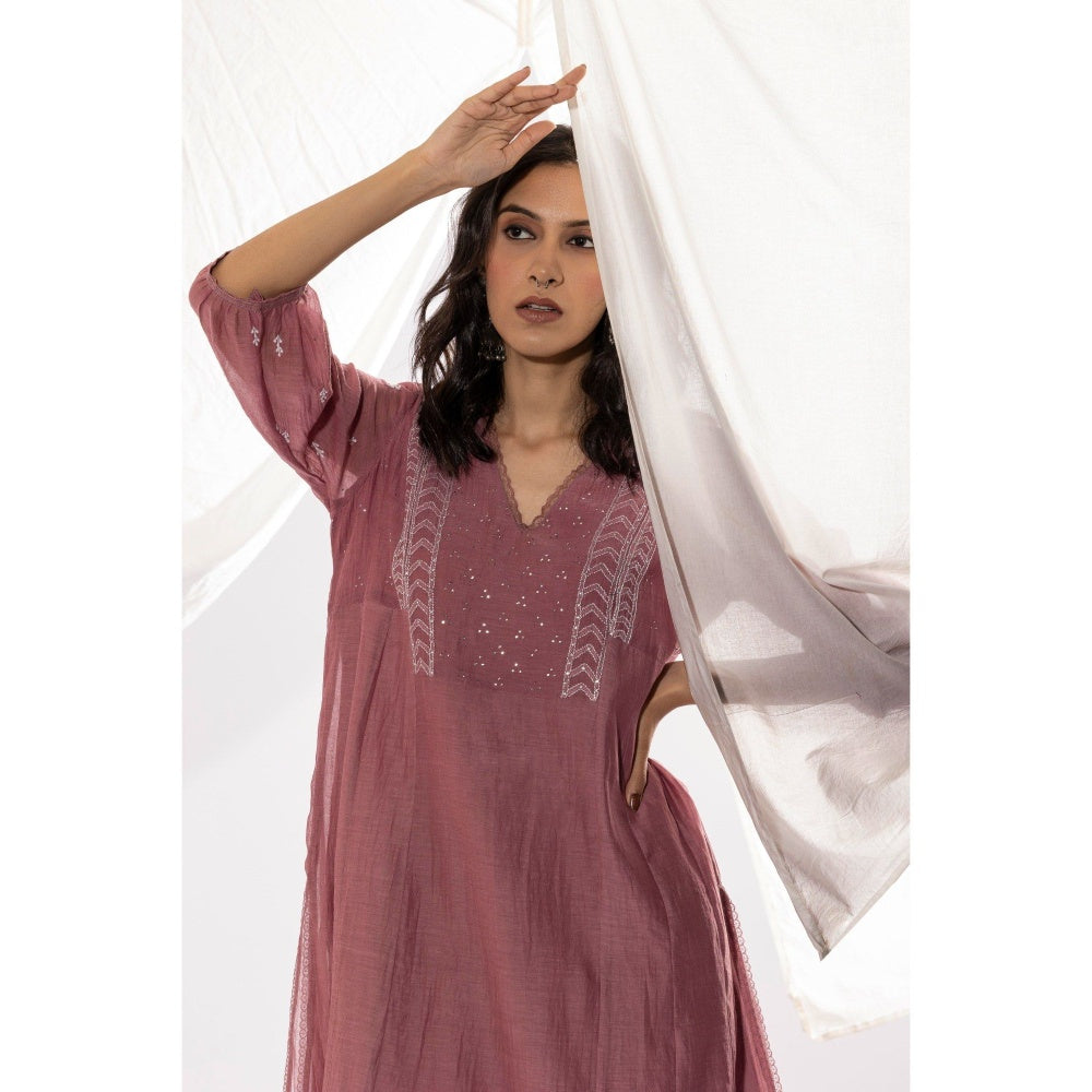 PANTS AND PAJAMAS Mauve Chanderi Mull Chikan Kurta with Pant (Set of 2)