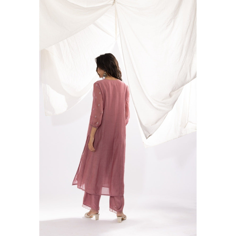 PANTS AND PAJAMAS Mauve Chanderi Mull Chikan Kurta with Pant (Set of 2)